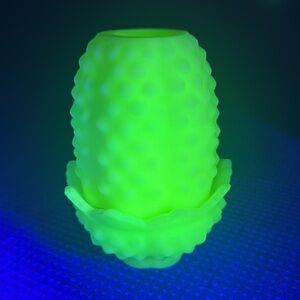 Fenton Hobnail Satin Custard Uranium Fairy Lamp Glows Candle Holder 4.75” tall